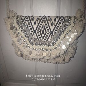 Boho Tassel Fringe Crossbody Bag in Cream and Black